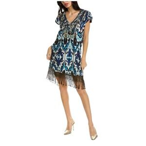 NWT Figue Anais Blue Ikat  Party Mini Dress Women's Sequins Fringe Size Small‎